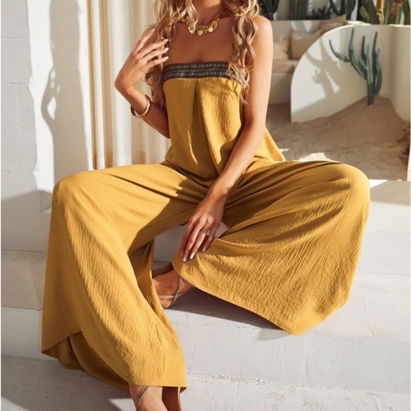 Boho Lace Backless Wide Leg Palazzo Pants Jumpsuit - Picture 1 of 7